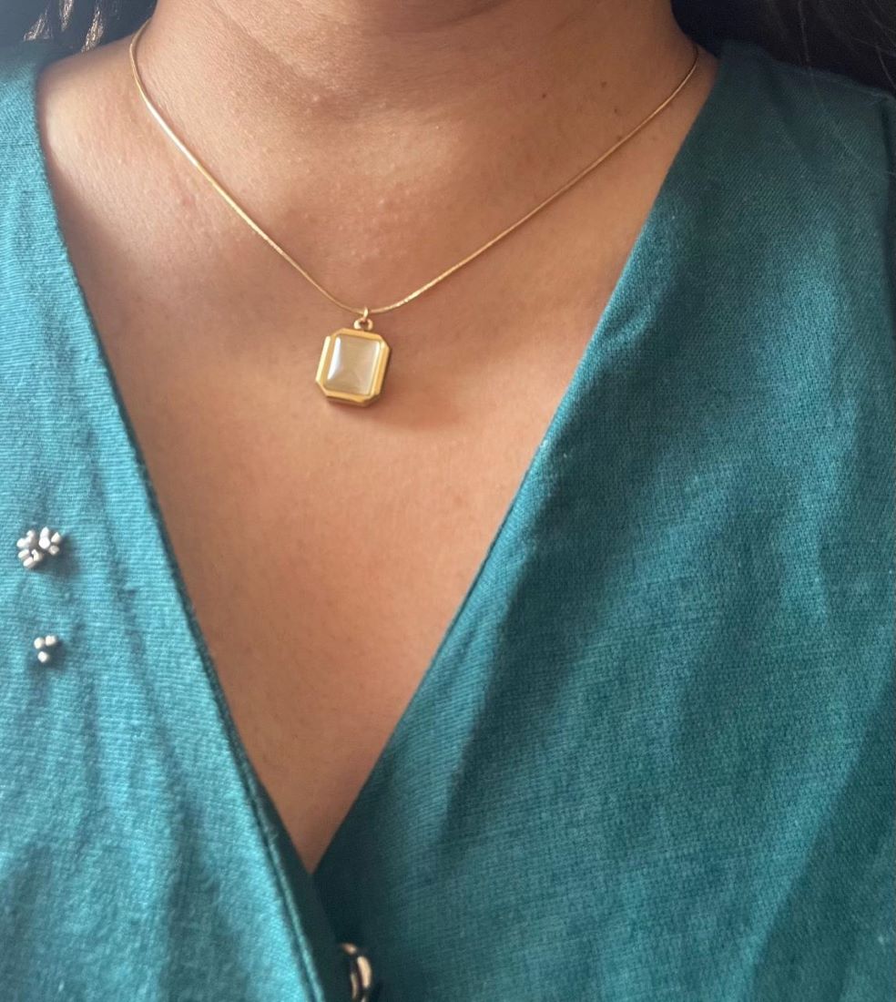 RAJJOS Anti Tarnish Gold Plated Stainless Steel Women's Necklace with White Square Pendant 104