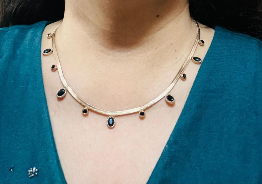 RAJJOS Anti Tarnish, Gold Plated Necklace with Black Oval Multiple Crystals Necklace 105