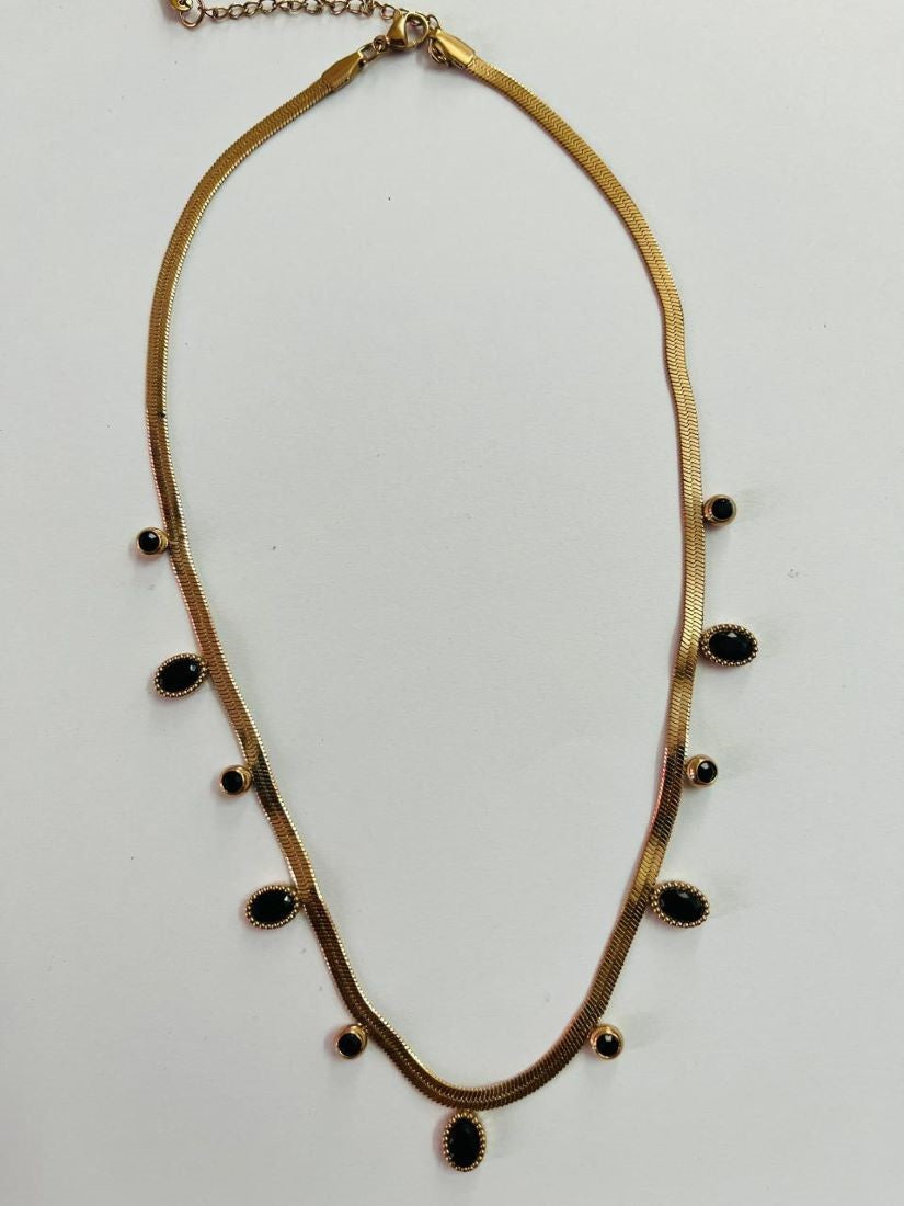 RAJJOS Anti Tarnish, Gold Plated Necklace with Black Oval Multiple Crystals Necklace 105